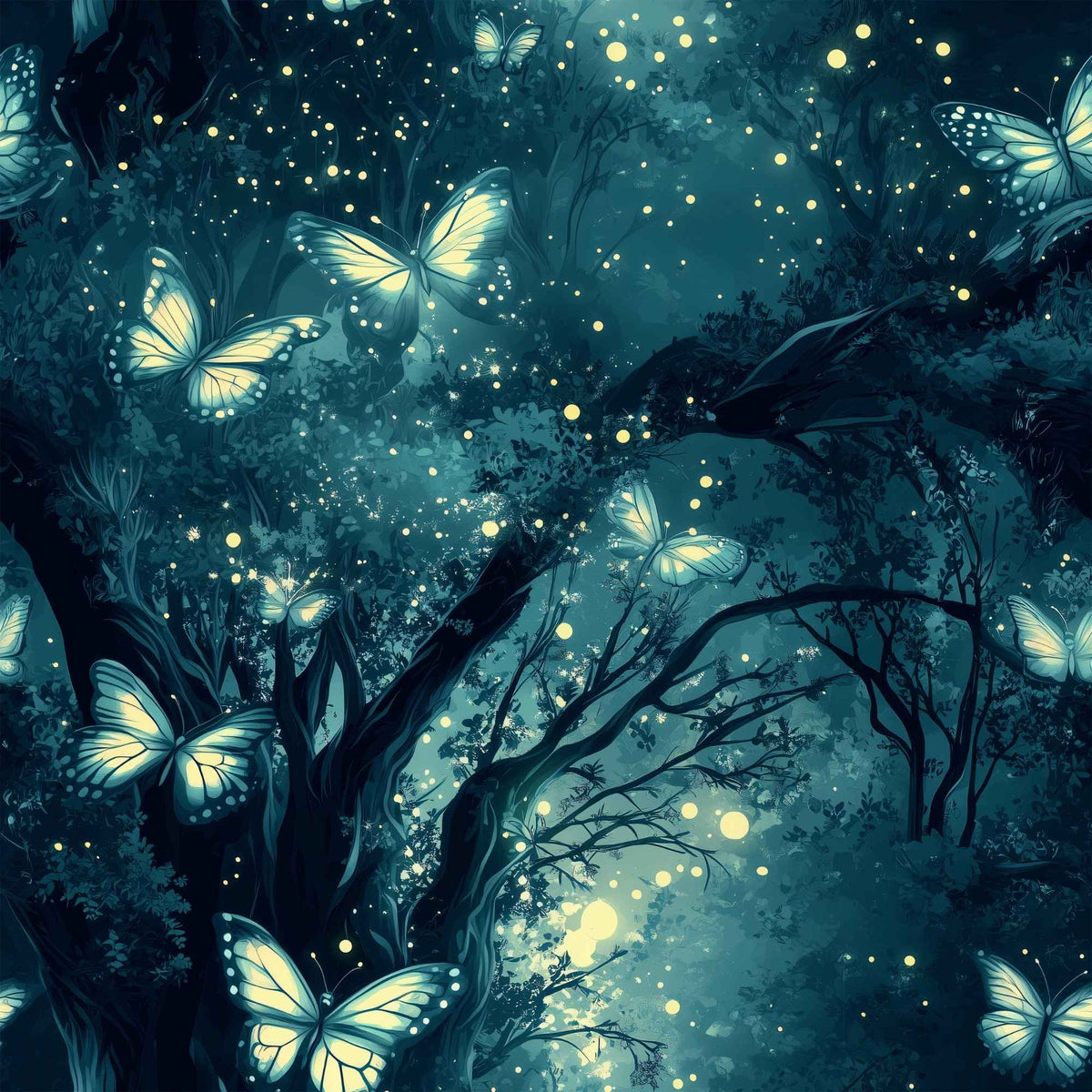 Enchanted Butterfly Forest exclusive waterproof PUL fabric with glowing butterflies and fireflies among dark teal woodland trees
