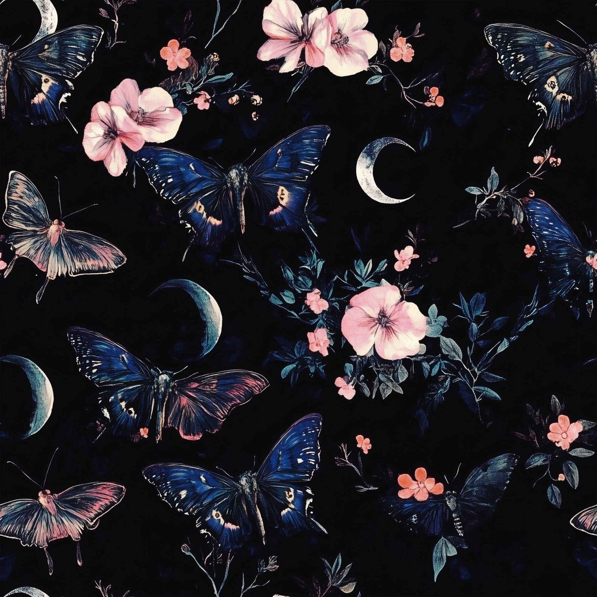 Midnight Butterfly Moon Garden exclusive waterproof PUL fabric with blue butterflies, pink flowers and crescent moons on black