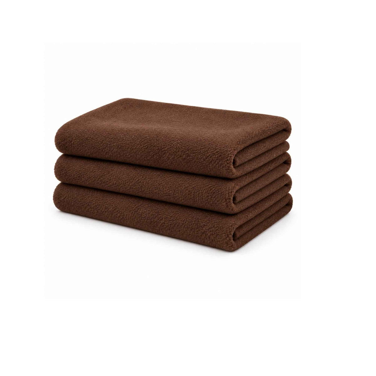 Stack of three neatly folded brown anti-pill polar fleece fabrics by Camelot Fabrics, featuring a soft, plush texture and layered folds on a clean white background.