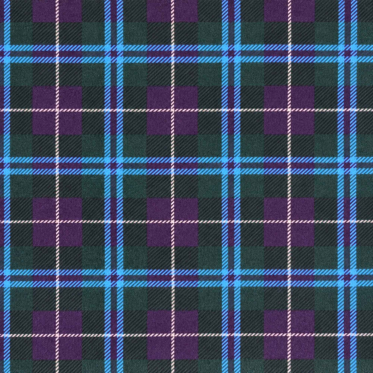 Teal green and purple tartan plaid cotton flannel fabric with bright blue crossing bands, thin cream lines and black accents.