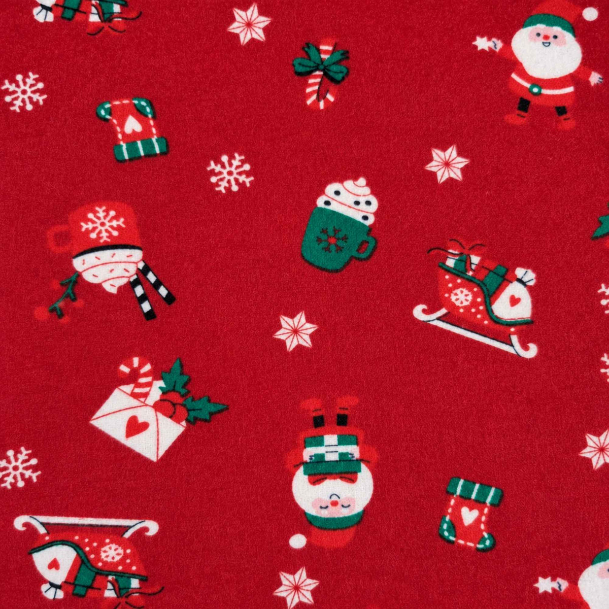 Red Christmas cotton flannel with Santa, sleighs, stockings, cocoa mugs, candy canes and white snowflakes, accented in green and black.