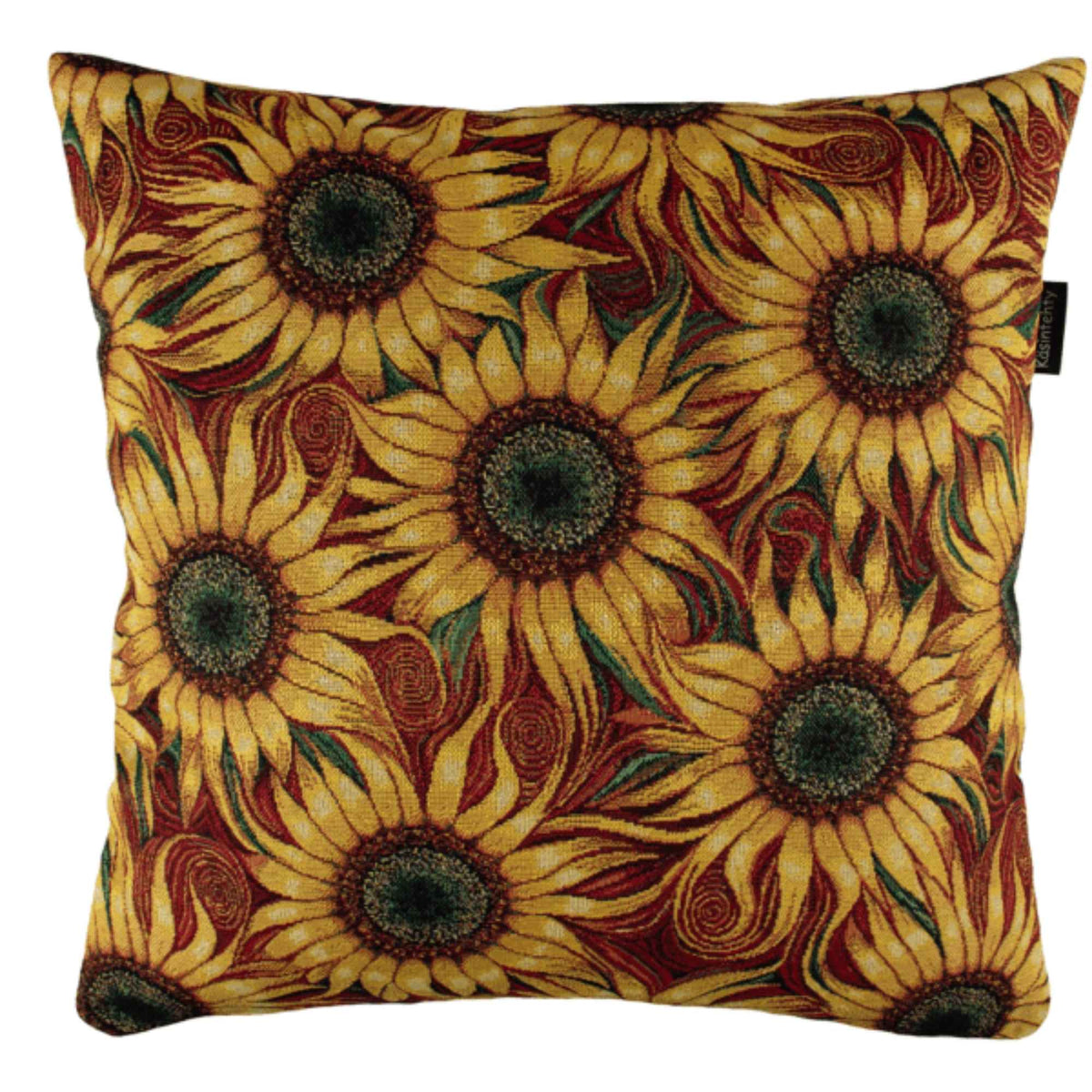 Cushion created with Sunflower Gobelin tapestry fabric with golden yellow petals, green accents and swirling details on a deep red background.