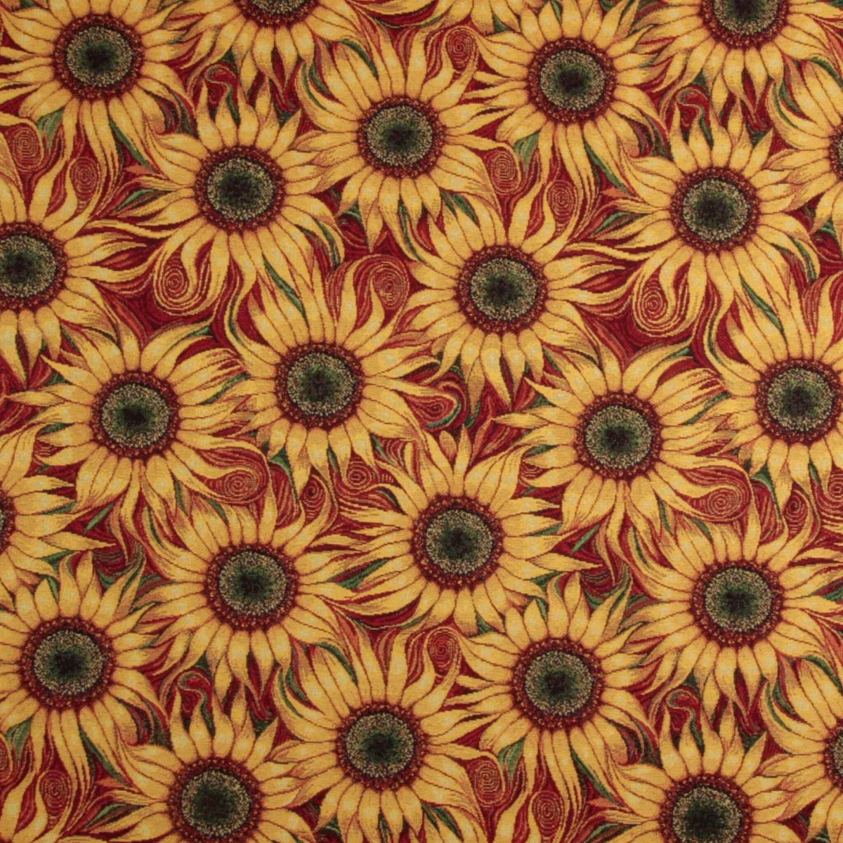 Sunflower Gobelin tapestry fabric with golden yellow petals, green accents and swirling details on a deep red background.