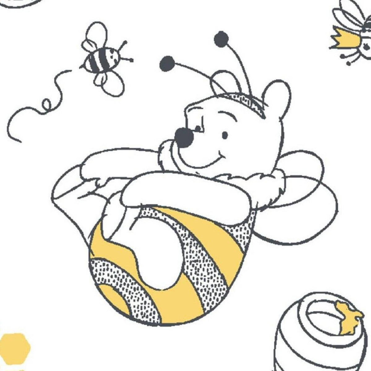 Disney Winnie the Pooh Busy Bee licensed cotton fabric by Springs Creative featuring Pooh dressed as a bee with honey pots, bees, honeycombs and beehives on a white background.