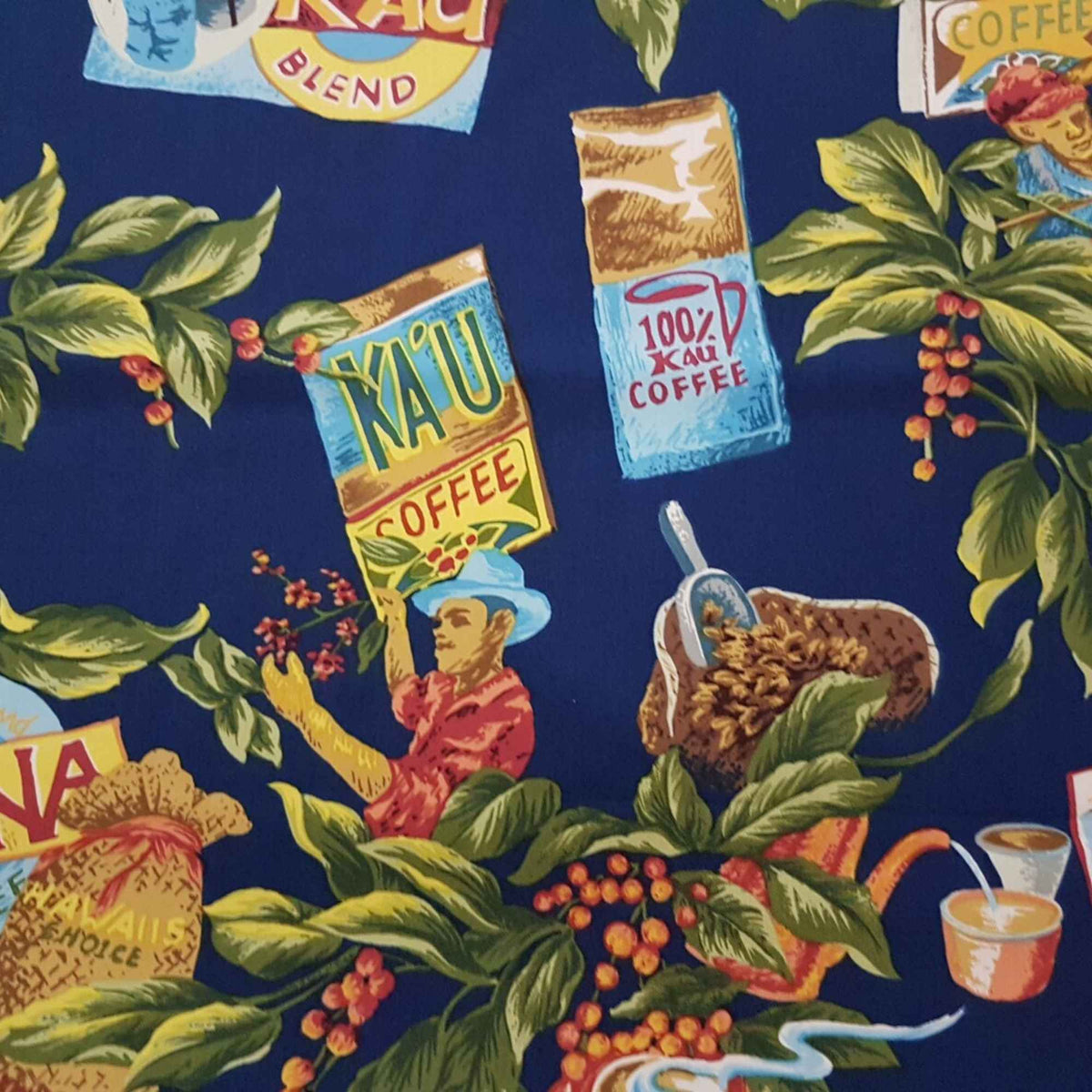 Kauai Kona Coffee Hawaiian cotton fabric featuring vintage coffee labels, coffee beans, tropical leaves and coffee cups on navy blue background