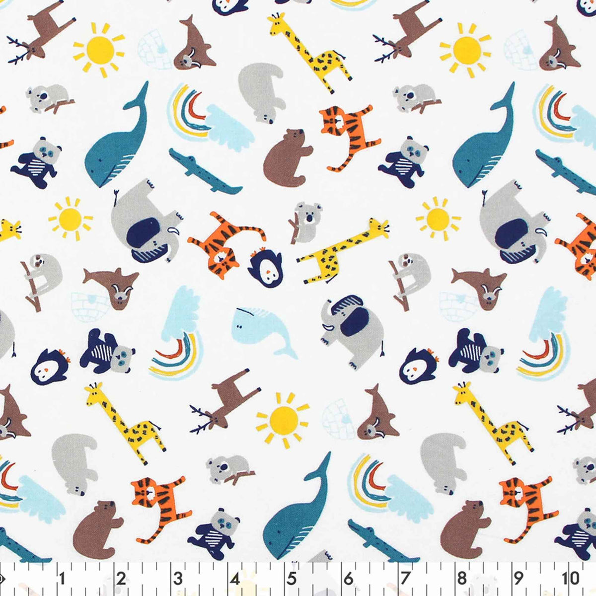 Safari animals cotton flannel fabric featuring whales, giraffes, tigers, bears, penguins, koalas, sloths, crocodiles, suns and rainbows on a white background.