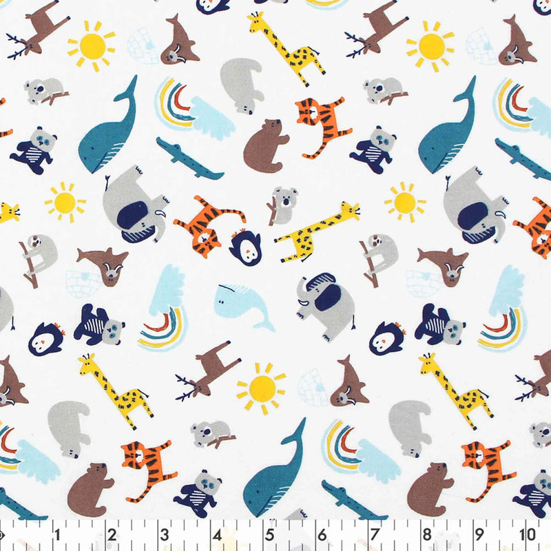 Safari animals cotton flannel fabric featuring whales, giraffes, tigers, bears, penguins, koalas, sloths, crocodiles, suns and rainbows on a white background.