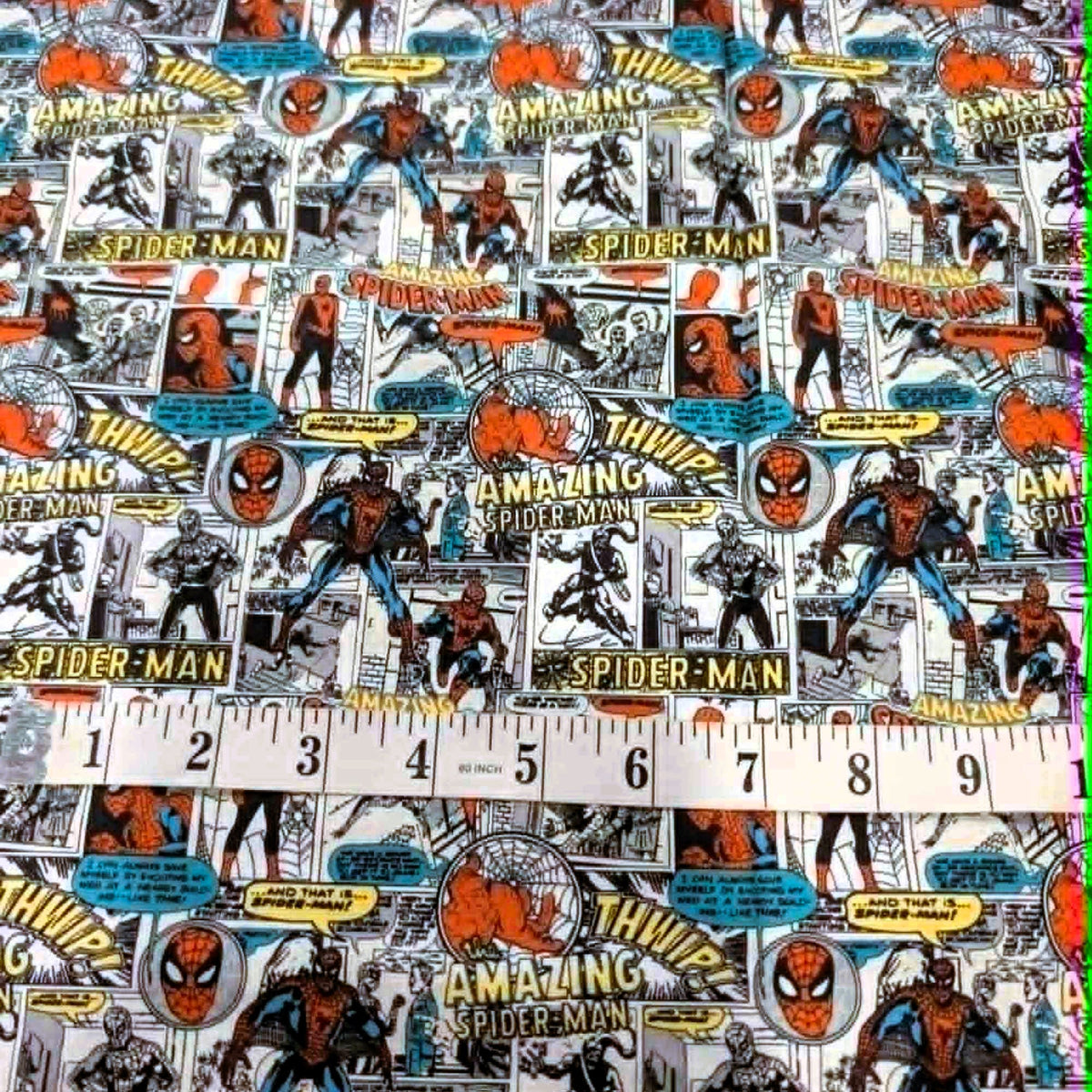 Marvel Amazing Spider-Man vintage comic panel quilting cotton fabric featuring classic comic strips, Spider-Man characters, logos, speech bubbles, and web graphics on a white background.
