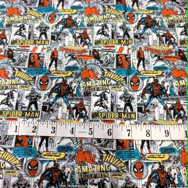 Marvel Amazing Spider-Man vintage comic panel quilting cotton fabric featuring classic comic strips, Spider-Man characters, logos, speech bubbles, and web graphics on a white background.