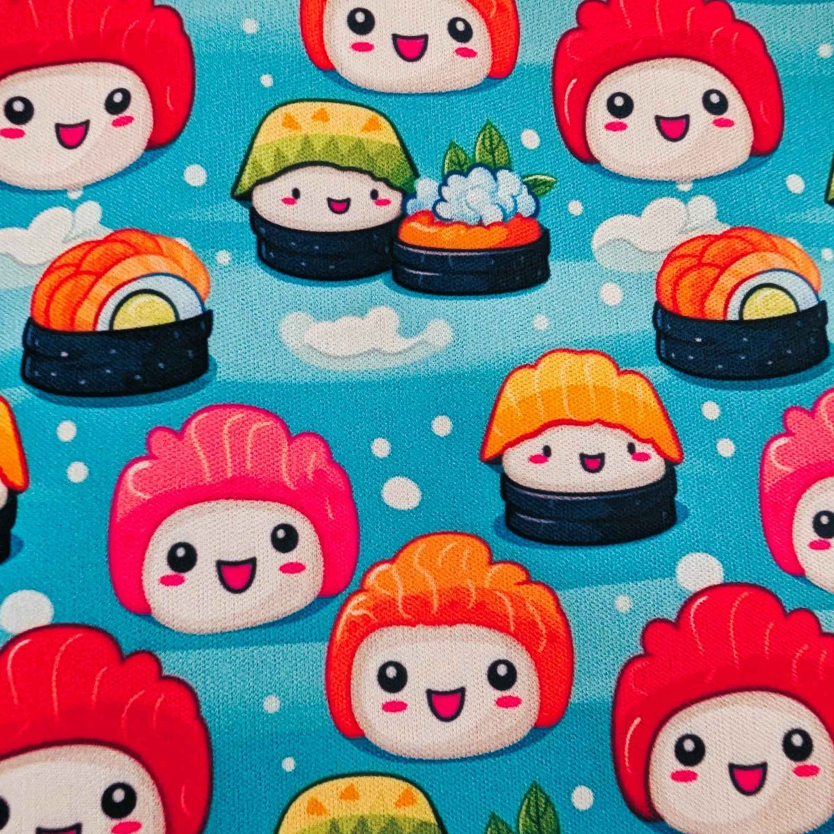 Kawaii Happy Sushi exclusive waterproof PUL fabric with smiling colourful sushi characters and white clouds on an aqua-blue background