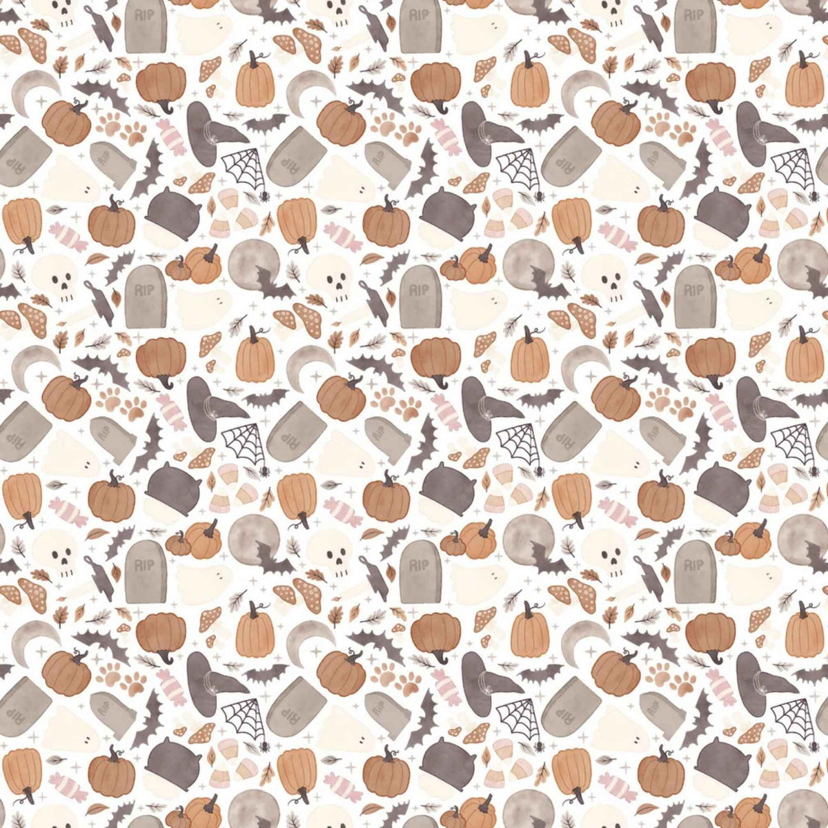 Pumpkins and Paws Halloween cotton fabric with ghosts, bats, pumpkins, paw prints and gravestones