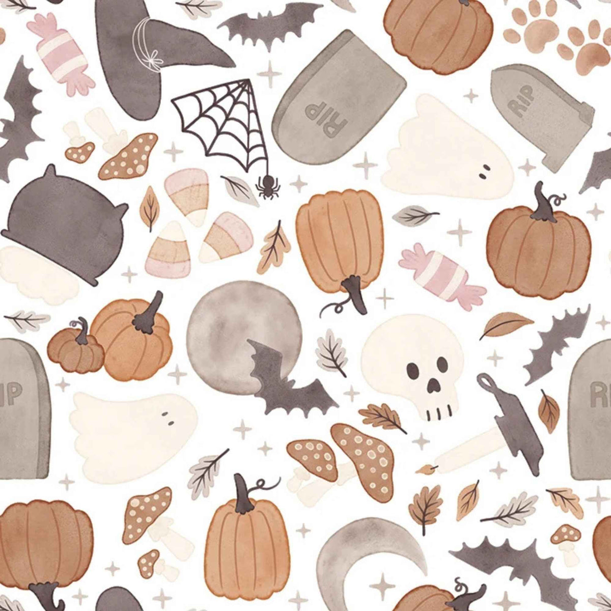 Pumpkins and Paws Halloween cotton fabric with ghosts, bats, pumpkins, paw prints and gravestones