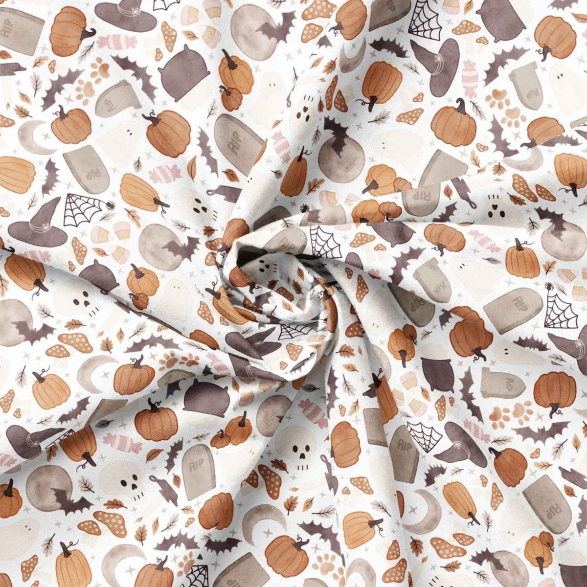 Pumpkins and Paws Halloween cotton fabric with ghosts, bats, pumpkins, paw prints and gravestones