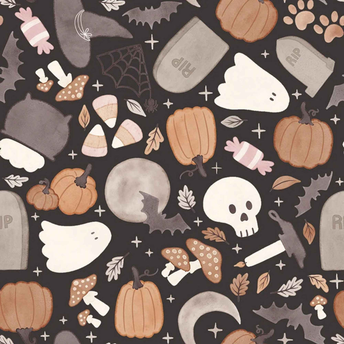 Pumpkin and Paws Halloween Toss cotton fabric with ghosts, pumpkins, bats and paw prints on charcoal