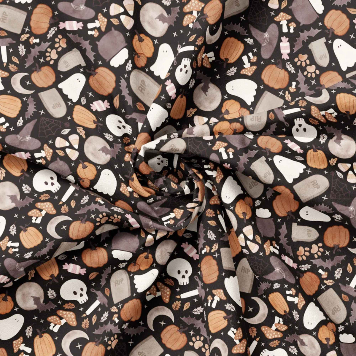 Pumpkin and Paws Halloween Toss cotton fabric with ghosts, pumpkins, bats and paw prints on charcoal
