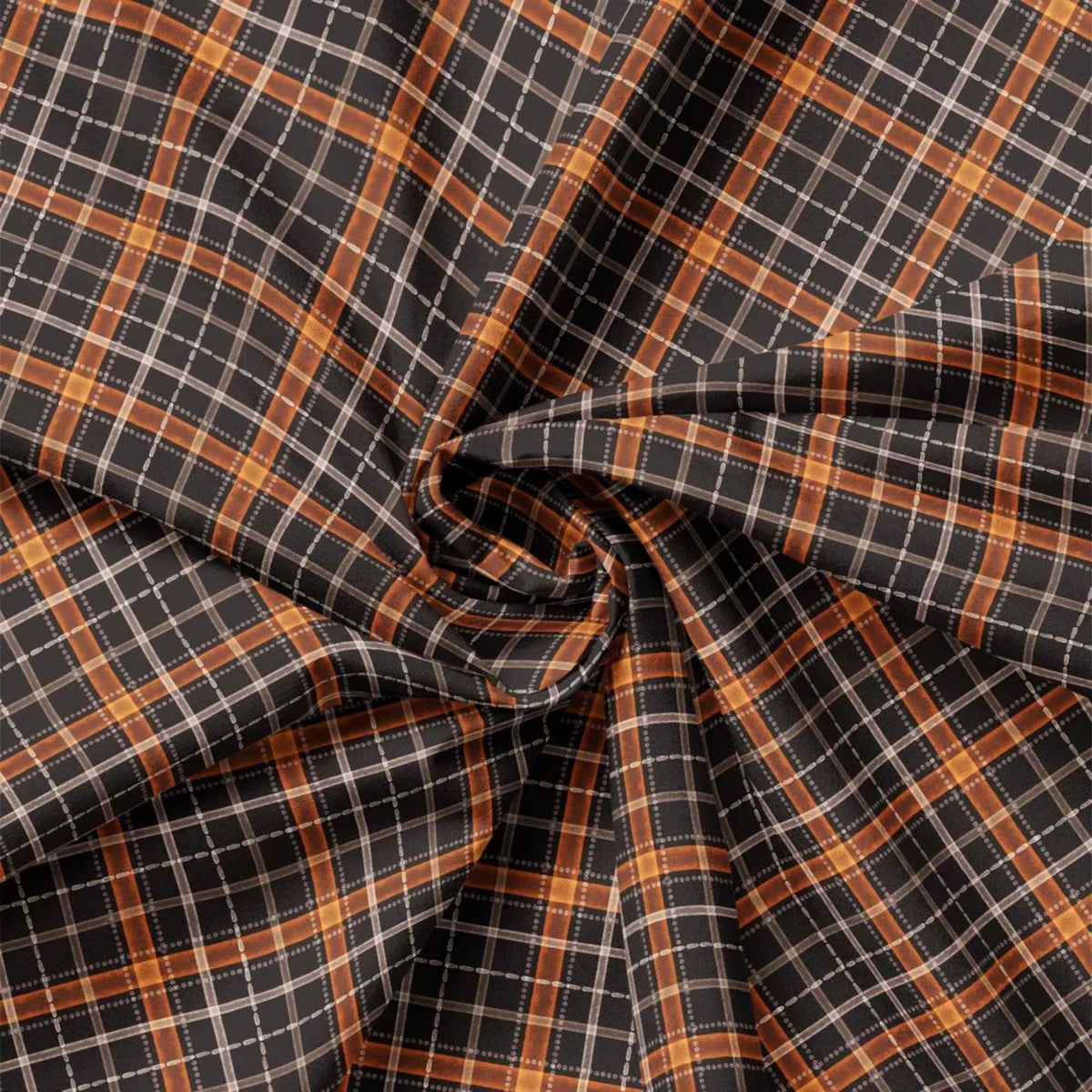 Pumpkin and Paws orange and grey Halloween plaid quilting cotton fabric on charcoal