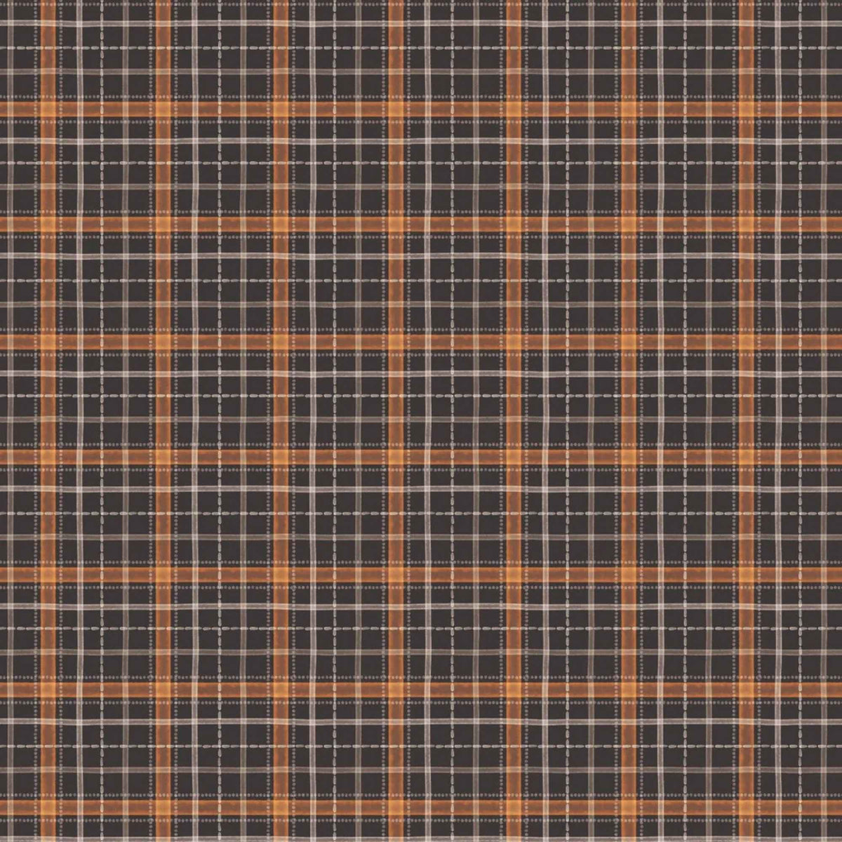 Pumpkin and Paws orange and grey Halloween plaid quilting cotton fabric on charcoal
