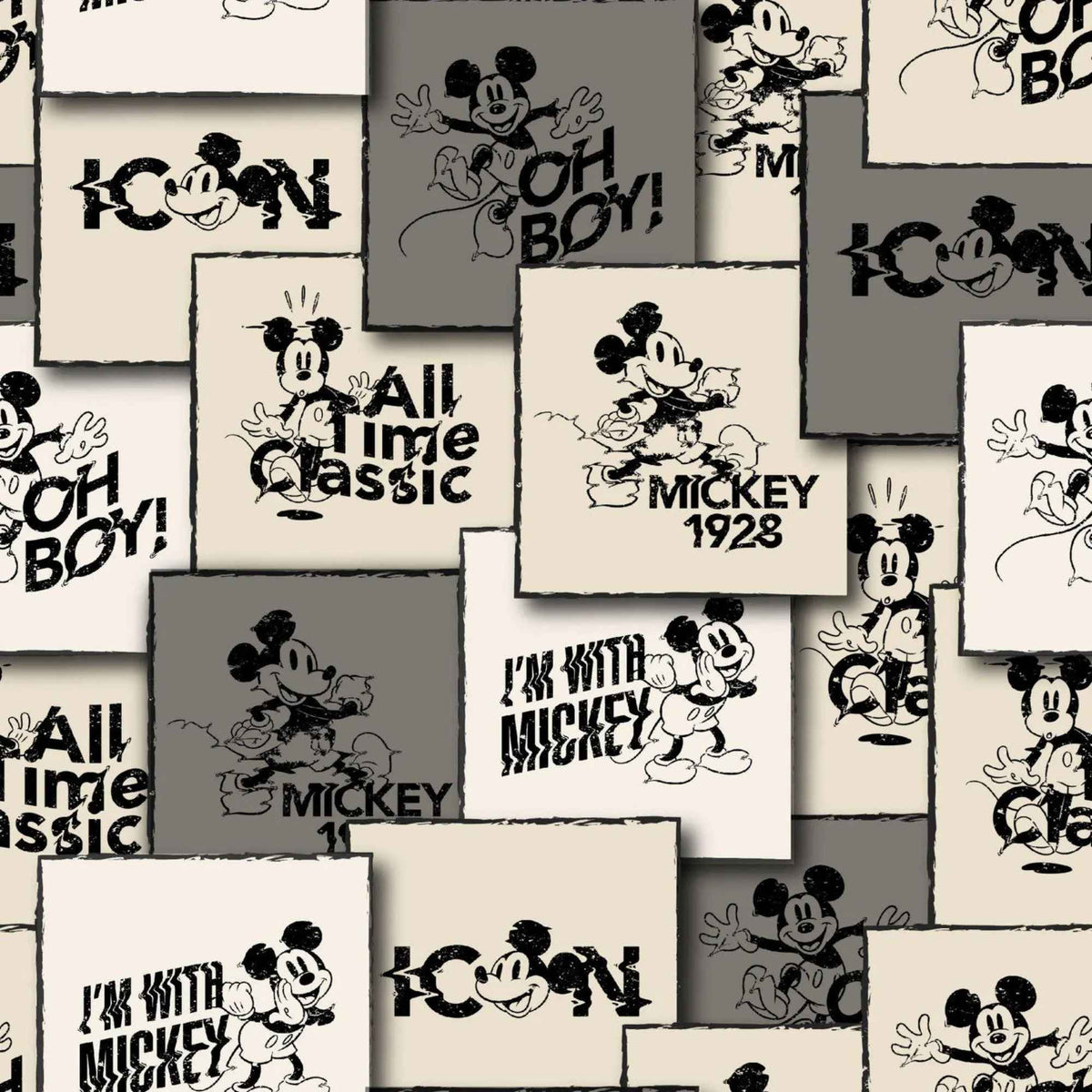 Vintage Mickey Mouse comic block cotton fabric in black cream and grey by Springs Creative CP80474