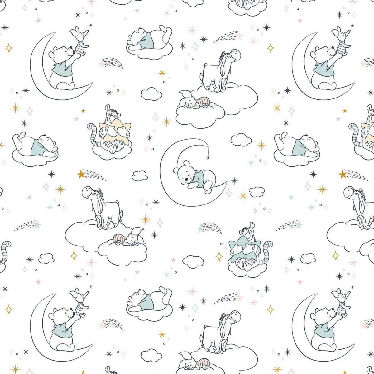 Disney Winnie the Pooh Dreamy Clouds licensed cotton fabric by Springs Creative featuring Pooh, Piglet, Tigger and Eeyore sleeping on clouds with moons and stars on a white background.