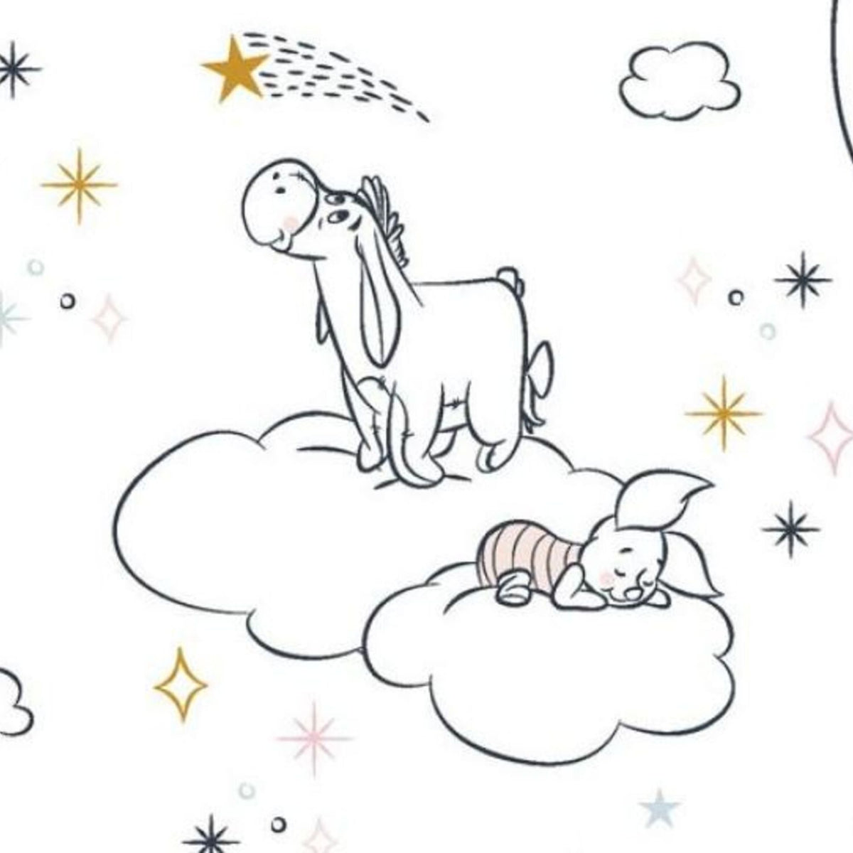 Disney Winnie the Pooh Dreamy Clouds licensed cotton fabric by Springs Creative featuring Pooh, Piglet, Tigger and Eeyore sleeping on clouds with moons and stars on a white background.