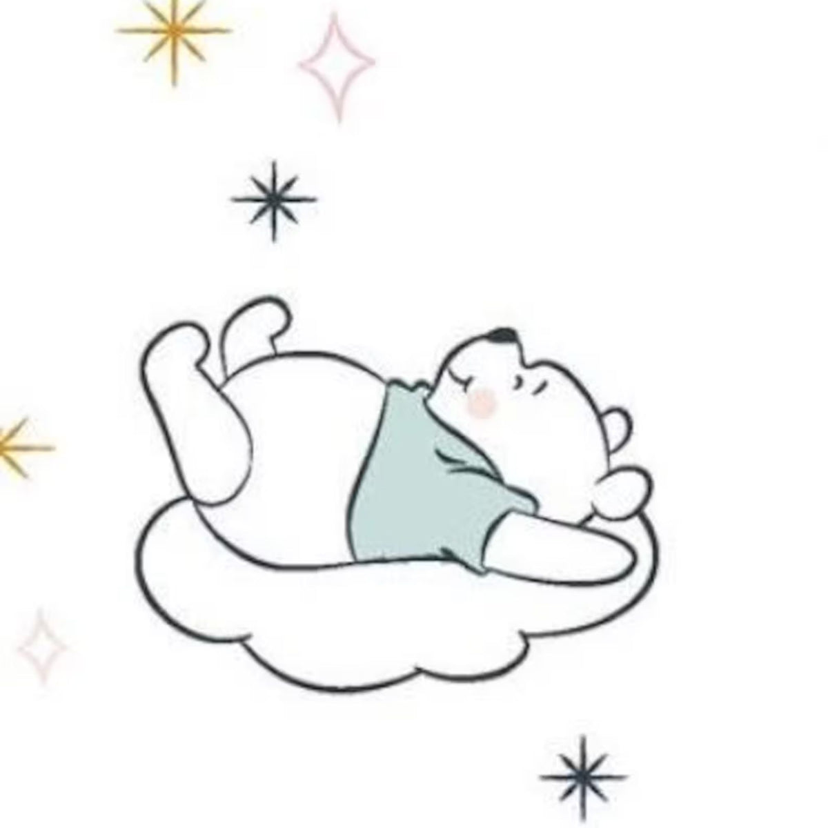 Disney Winnie the Pooh Dreamy Clouds licensed cotton fabric by Springs Creative featuring Pooh, Piglet, Tigger and Eeyore sleeping on clouds with moons and stars on a white background.