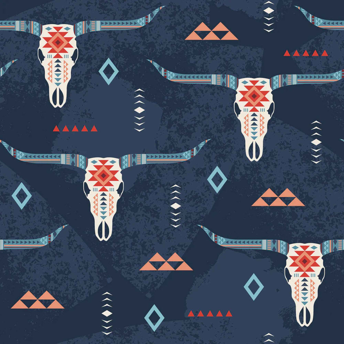 “Navy cotton fabric featuring stylized longhorn skulls with tribal geometric accents and Southwestern motifs.”