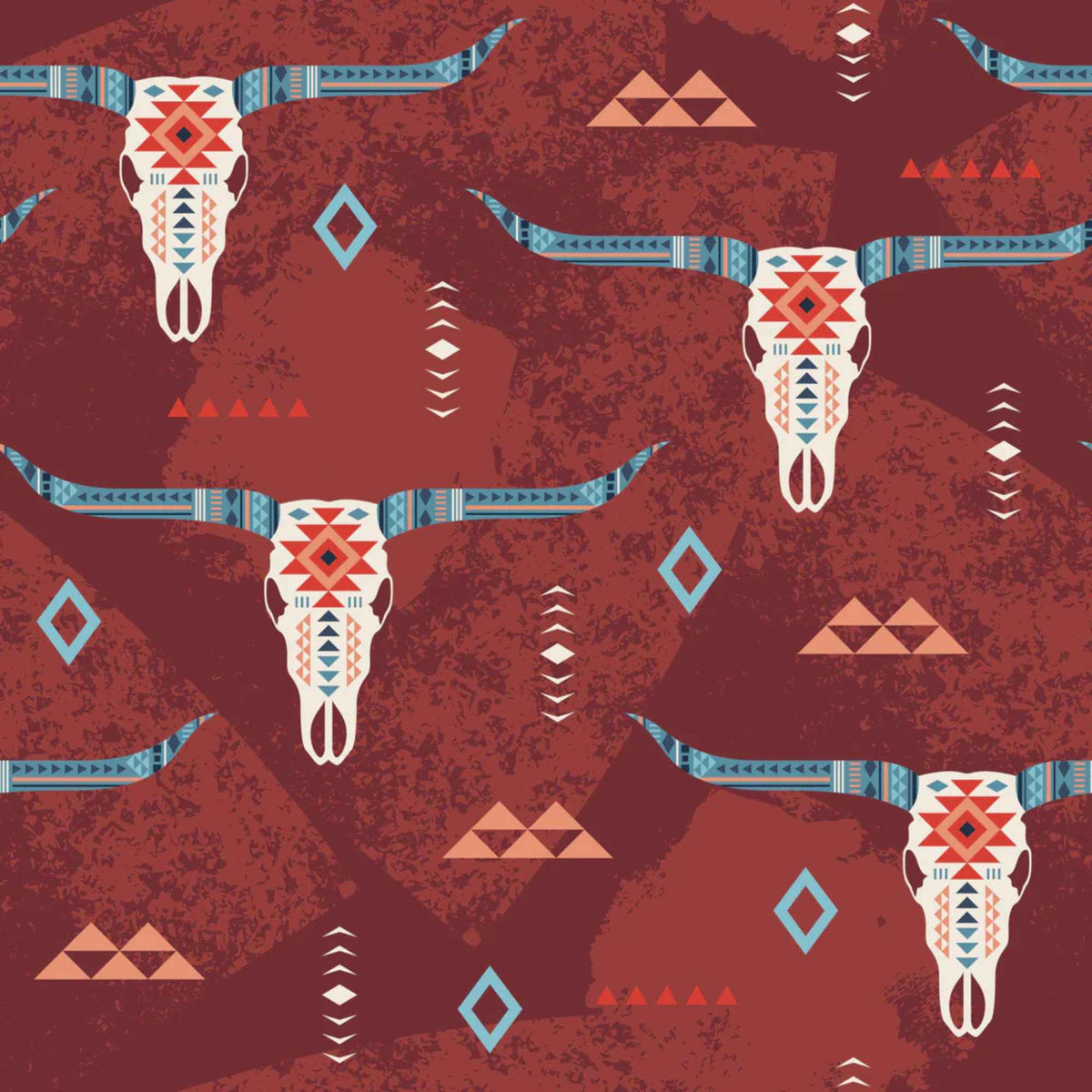 “Rust-colored cotton fabric with Southwestern longhorn skull motifs and tribal geometric accents.”