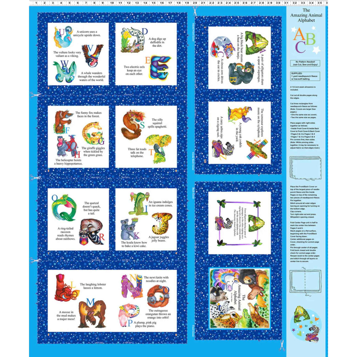 “Blue Amazing Alphabet fabric book panel featuring illustrated letters A–Z with animals, phrases, and cut-and-sew instructions on 100% cotton.”