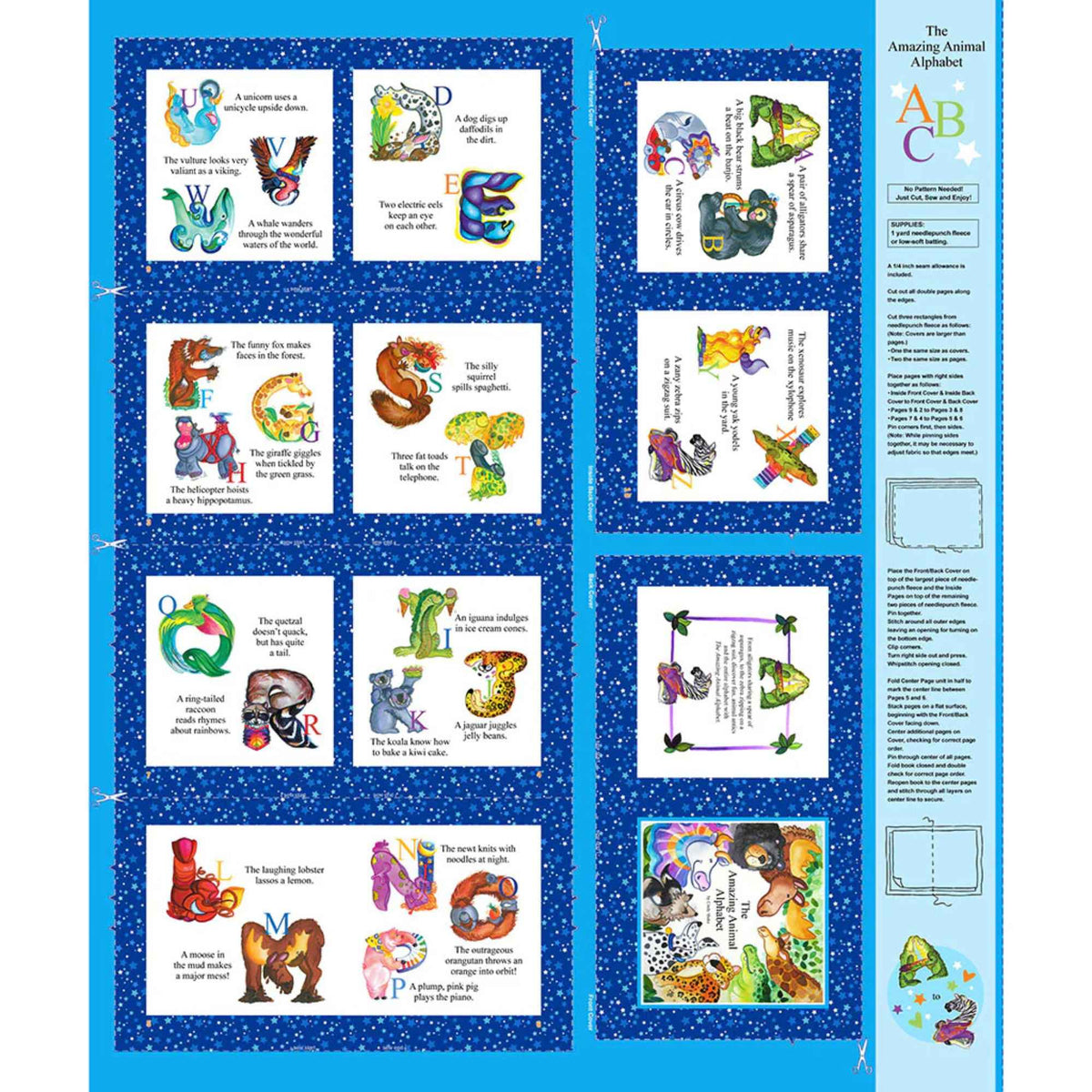“Blue Amazing Alphabet fabric book panel featuring illustrated letters A–Z with animals, phrases, and cut-and-sew instructions on 100% cotton.”