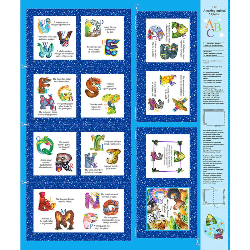 “Blue Amazing Alphabet fabric book panel featuring illustrated letters A–Z with animals, phrases, and cut-and-sew instructions on 100% cotton.”