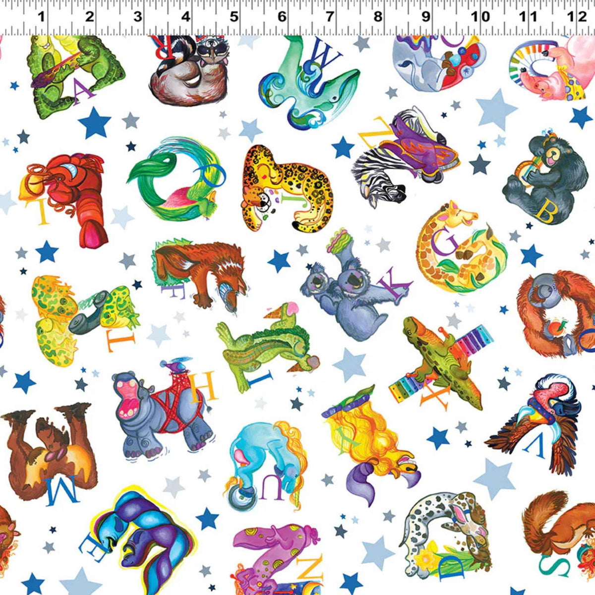 “All-over alphabet fabric print with illustrated animal letters A–Z and blue stars on a white background.”