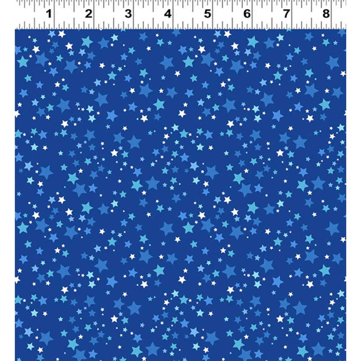 “Blue cotton fabric with scattered stars in multiple shades of blue and white.”