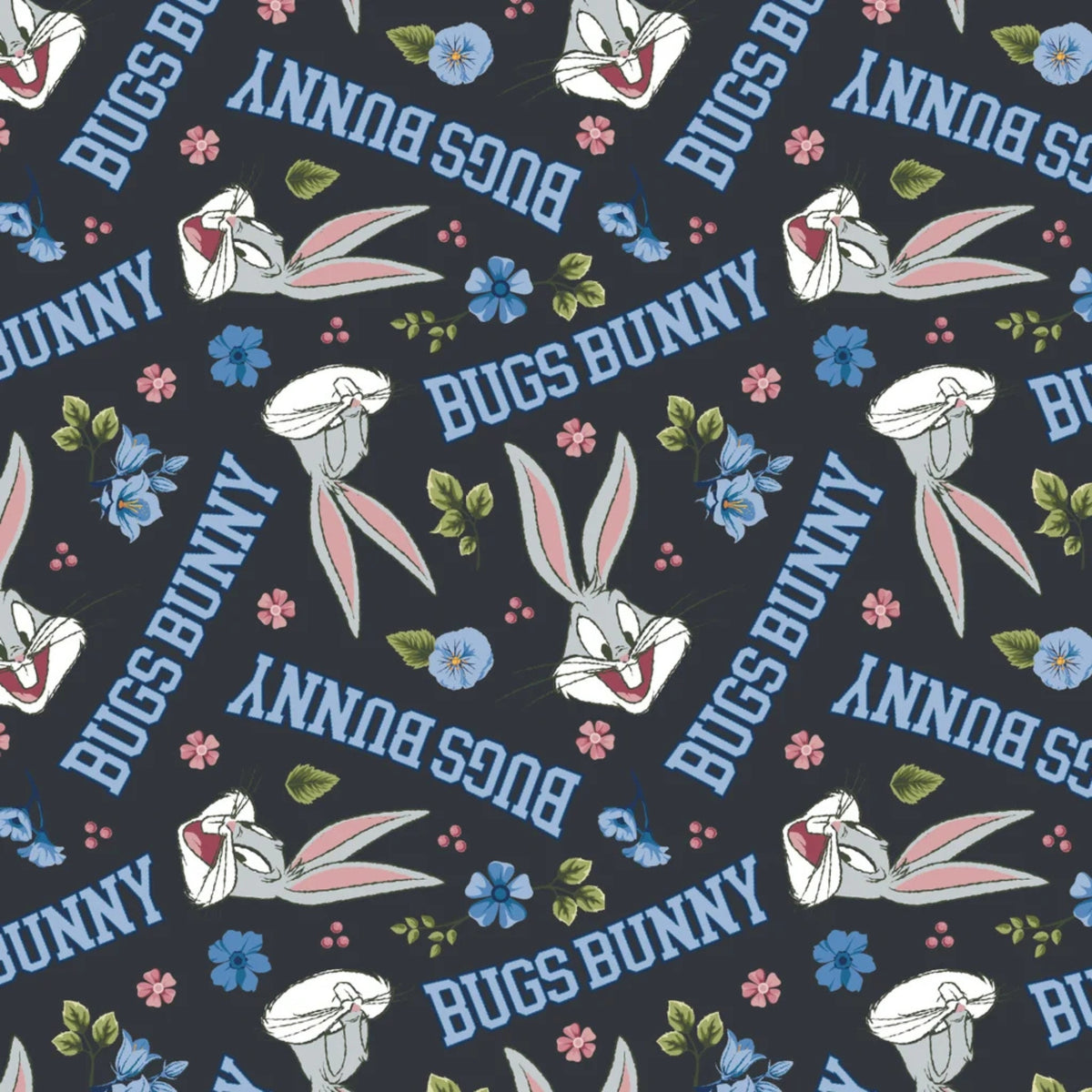 Bugs Bunny Petals Charcoal quilting cotton from the Looney Tunes Floral Collection by Camelot Fabrics featuring Bugs Bunny, flowers and lettering