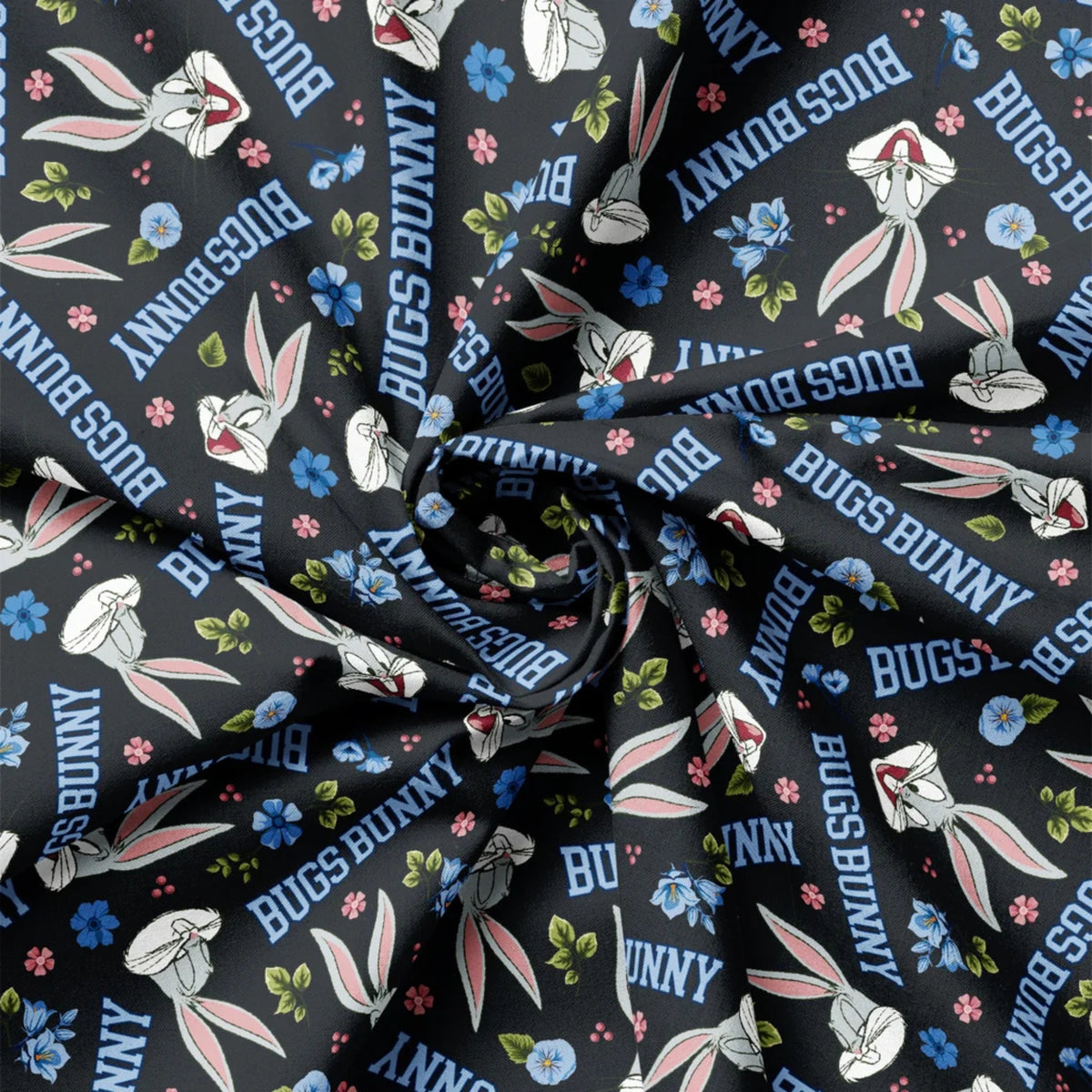 Bugs Bunny Petals Charcoal quilting cotton from the Looney Tunes Floral Collection by Camelot Fabrics featuring Bugs Bunny, flowers and lettering