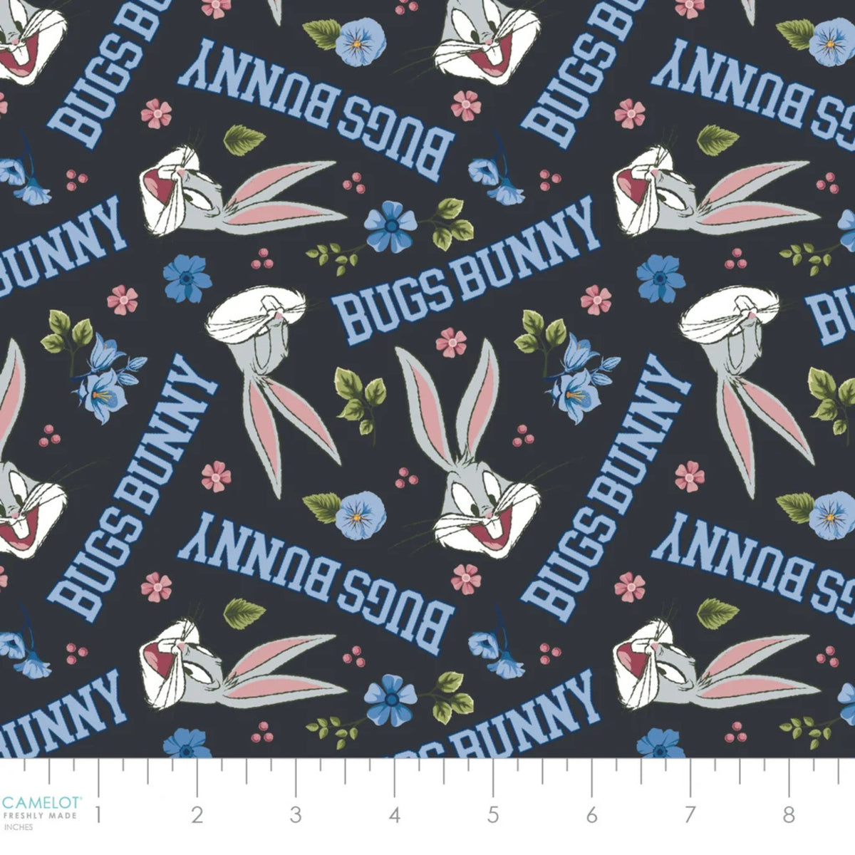 Bugs Bunny Petals Charcoal quilting cotton from the Looney Tunes Floral Collection by Camelot Fabrics featuring Bugs Bunny, flowers and lettering