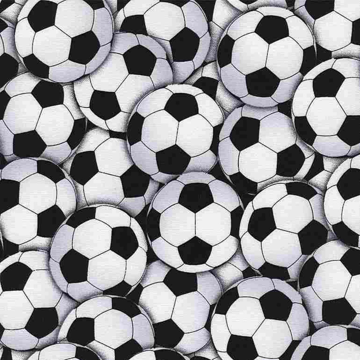 Black and white soccer ball cotton fabric with an allover packed soccer ball pattern.