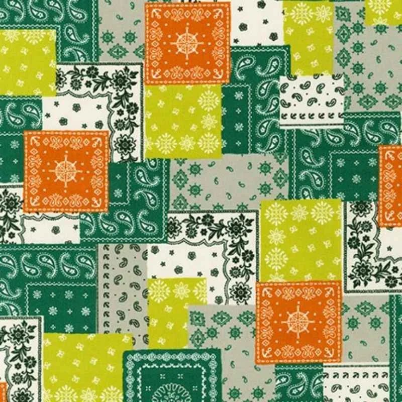 Bandana Poplin in Green, Orange and White, Sevenberry