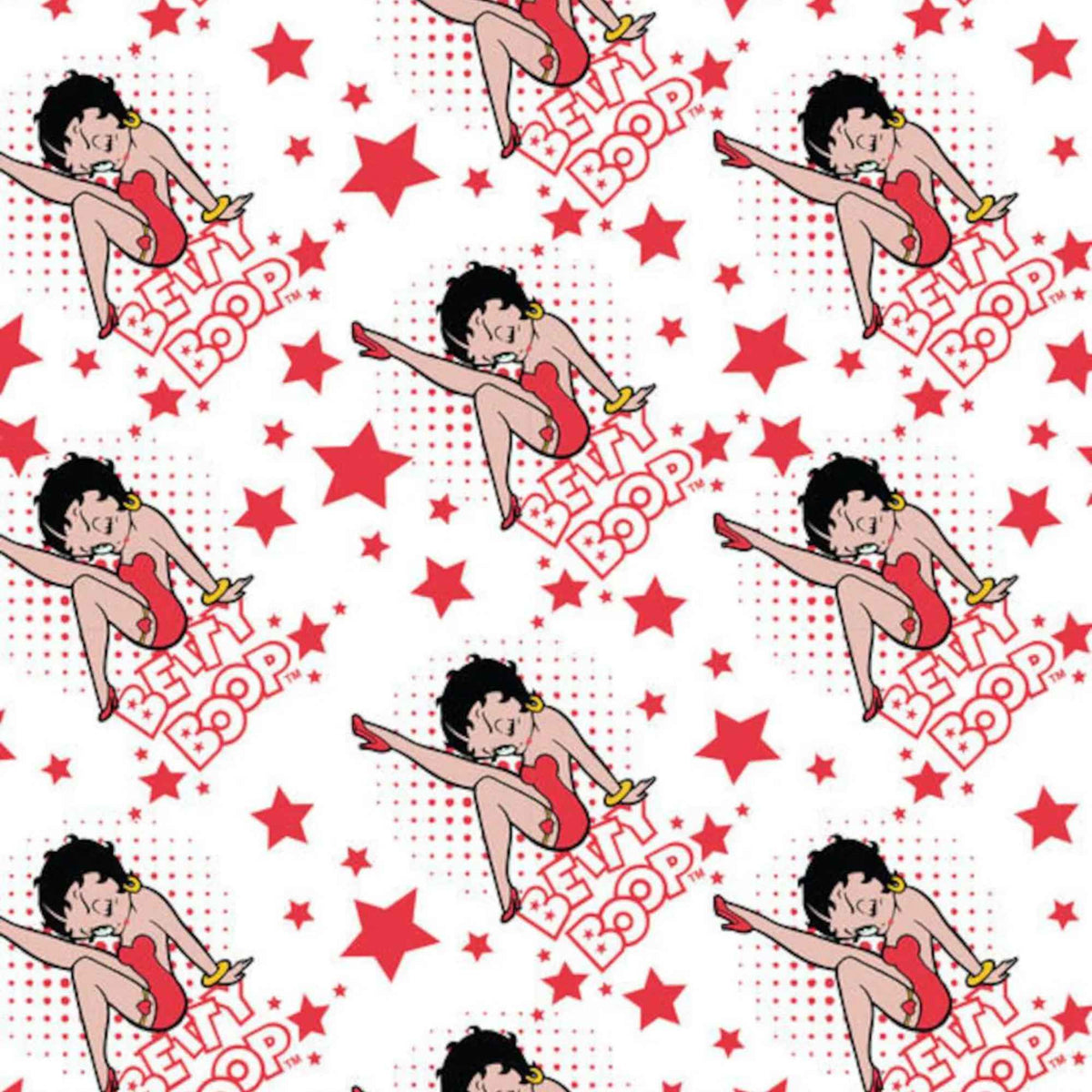 Betty Boop scattered on red polka dot and stars