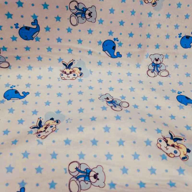 Blue Nursery FLANNEL, Teddy Bear, Whale and Stars on White