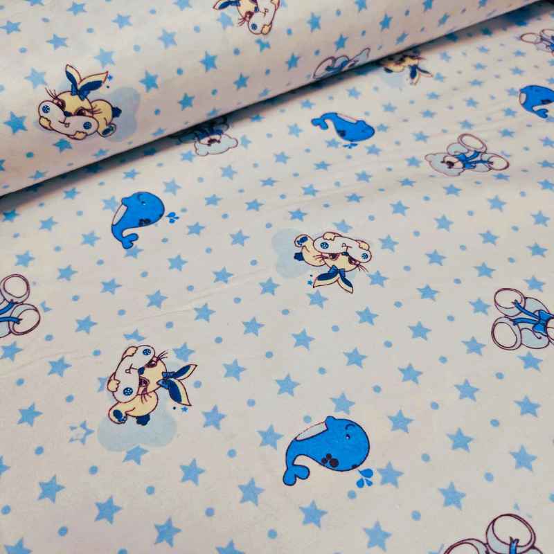 Blue Nursery FLANNEL, Teddy Bear, Whale and Stars on White