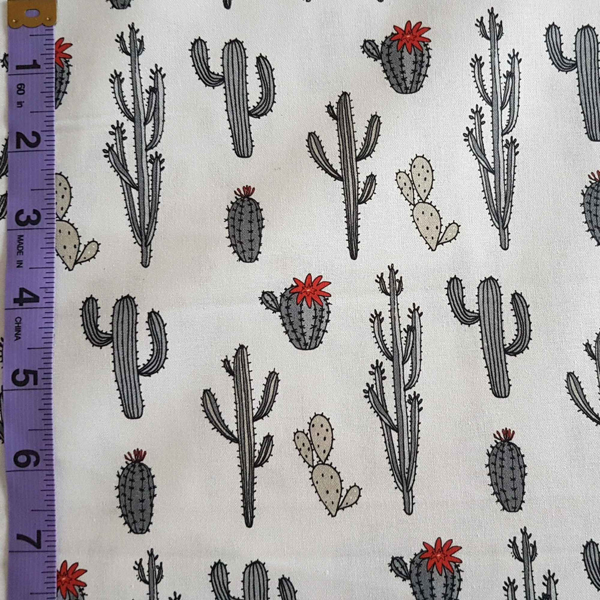 Cactus Print Desert Succulents on White Cotton Fabric