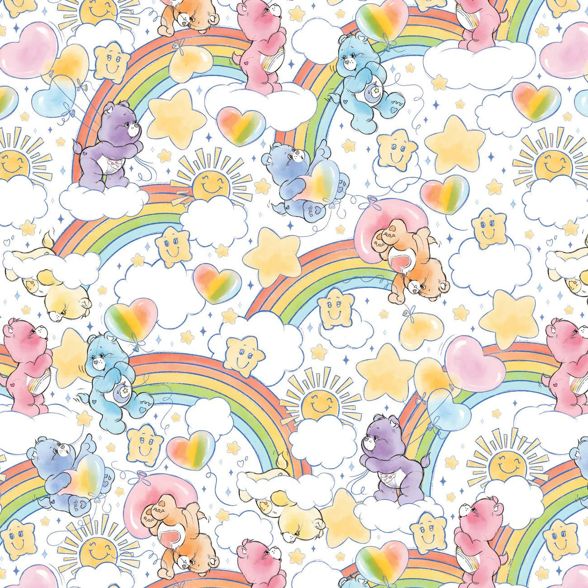 Care Bears on Clouds, Rainbows and Hearts on White - Care Bears Sketch Art