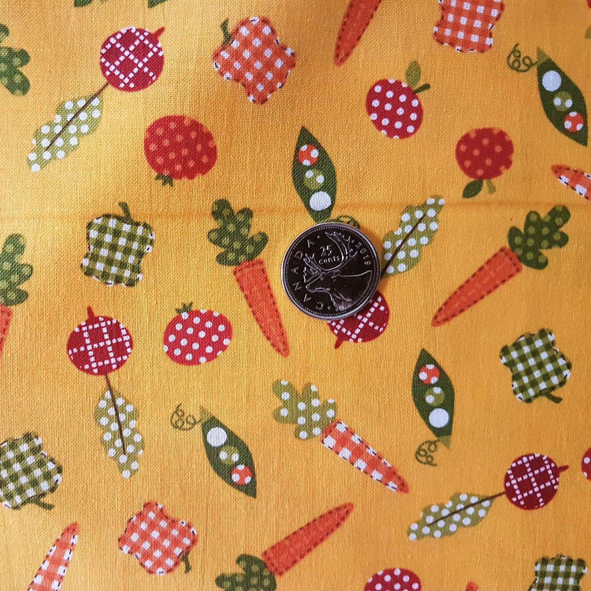 Carrots, Peas & Apples Gingham Veggie Cotton Fabric on Yellow