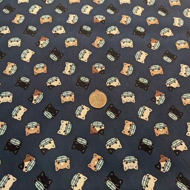 Cat Faces Cotton Fabric – Navy Novelty Print with Masks, 44" Wide