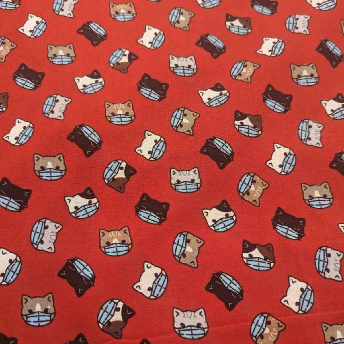 Cat Faces Cotton Fabric – Red Novelty Print with Masks, 44" Wide