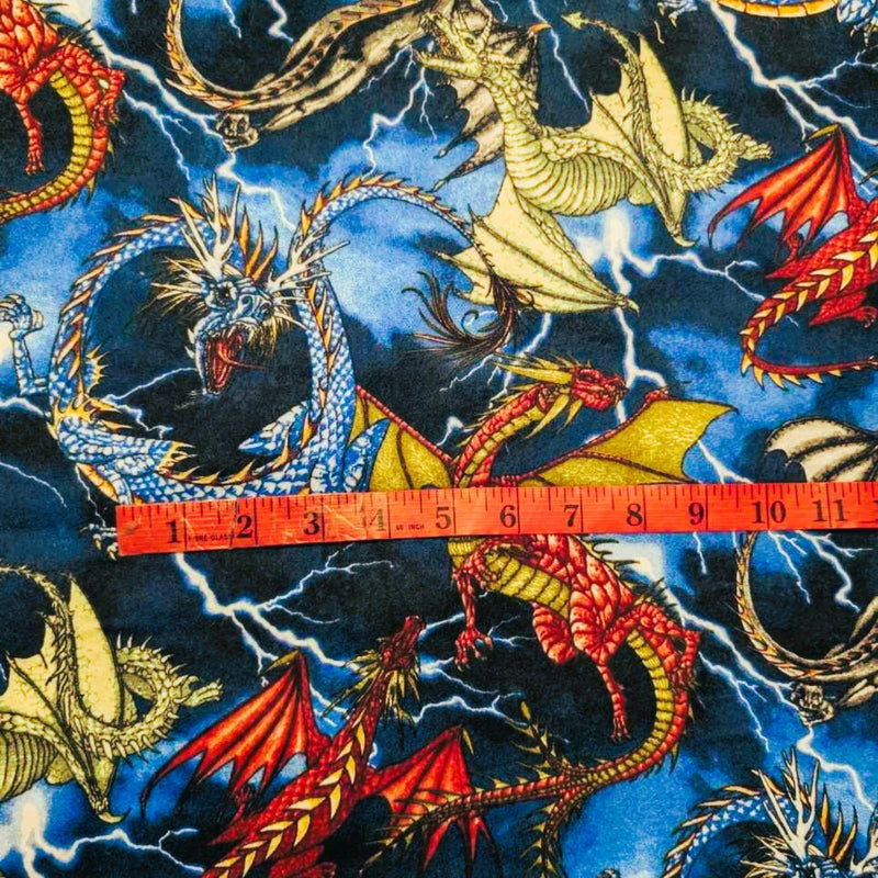 Colorful Dragons Cotton Flannel – Fantasy Creatures on Lightning Sky