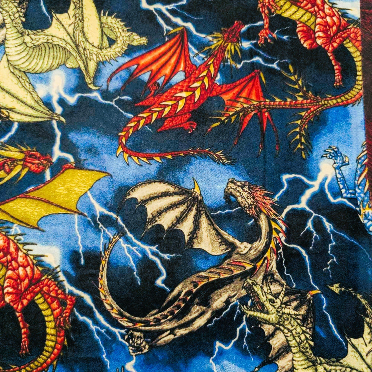 Colorful Dragons Cotton Flannel – Fantasy Creatures on Lightning Sky