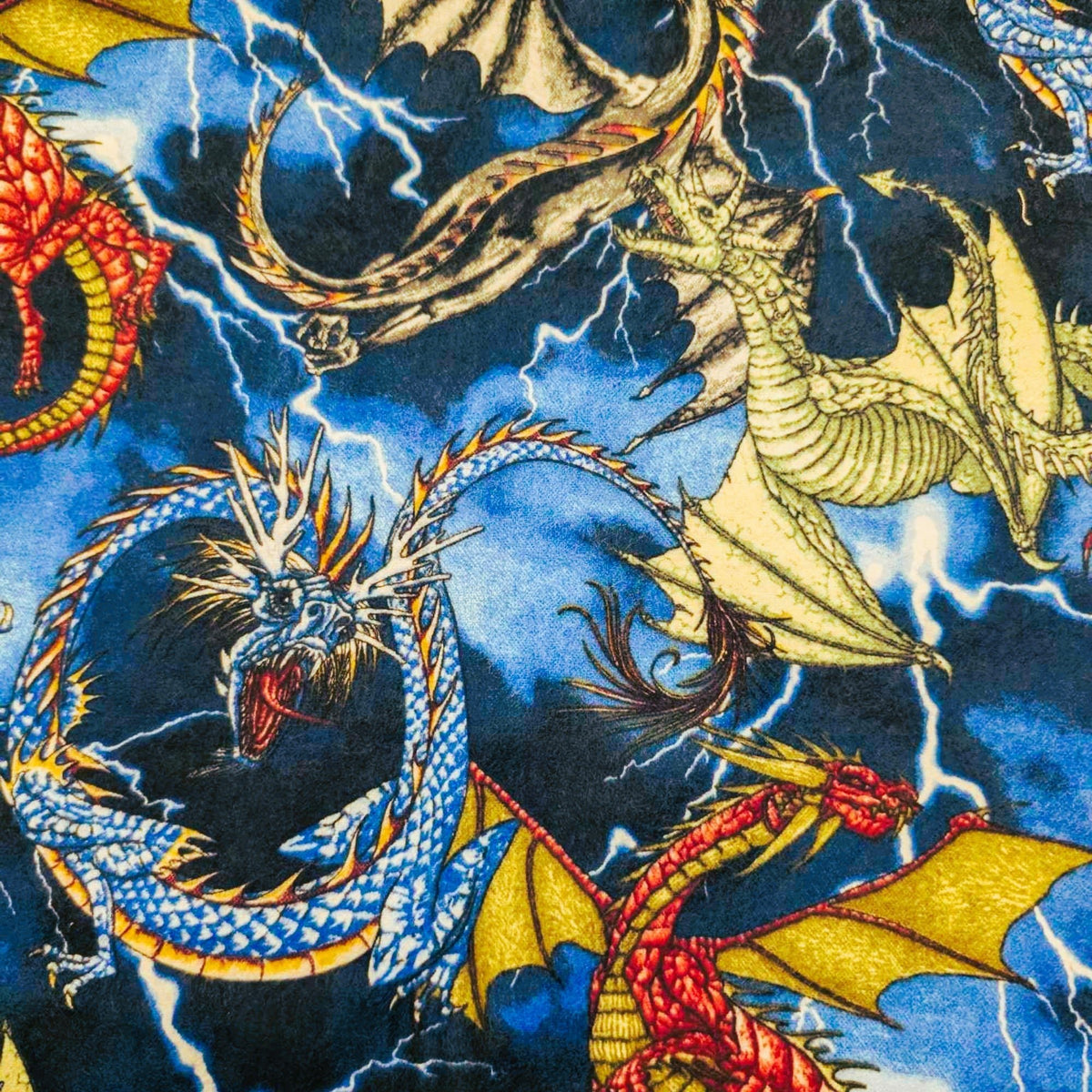 Colorful Dragons Cotton Flannel – Fantasy Creatures on Lightning Sky