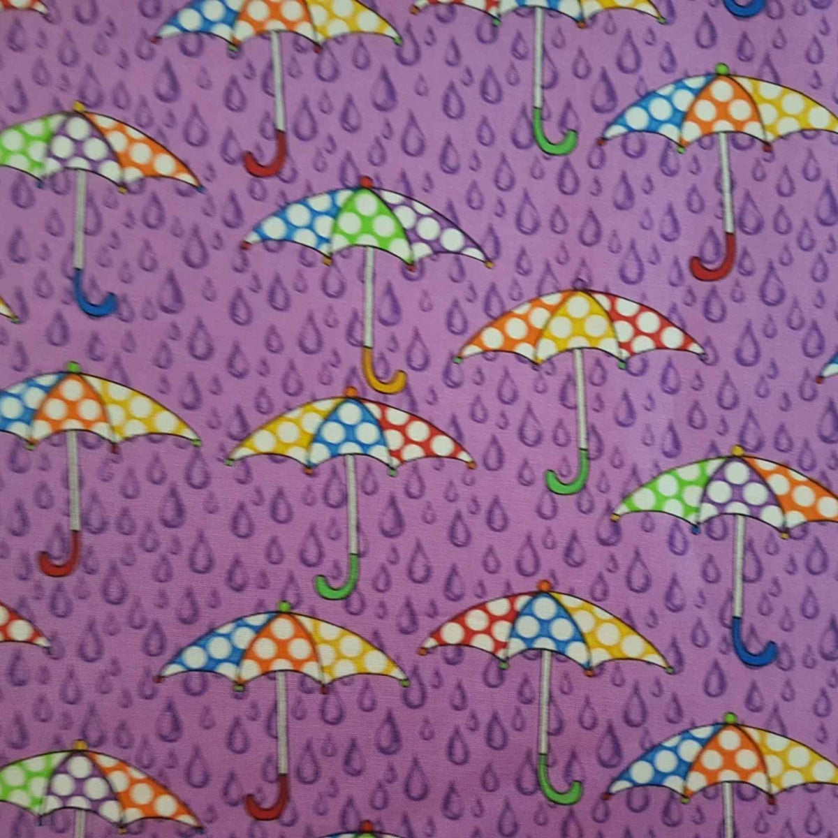 Colorful Umbrellas & Raindrops on Purple Cotton Fabric