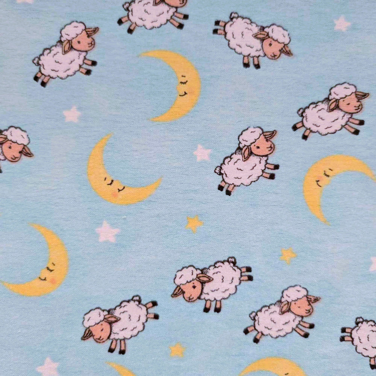 Counting Sheep Cotton Flannel – Moon & Stars Print on Light Blue – Baby Nursery Fabric